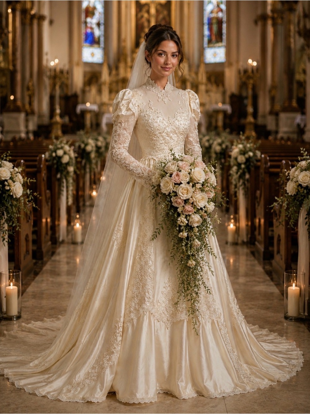 Champagne Colored Lace Long Sleeve Vintage  Wedding Gown